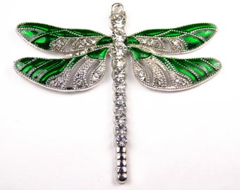 1 Pc - 64x57x5mm Vintage Style Tibetan Silver Dragonfly Pendant With Green Enamel And Rhinestones - Dragonfly Pendant - Jewelry Supplies