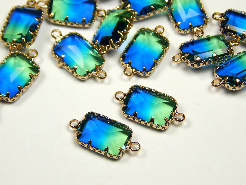 25x10.5mm K9 Glass Imitation Tourmaline Connectors With Brass Casing Jewelry Supplies Glass Connector Brass 2 Pcs Blue Green