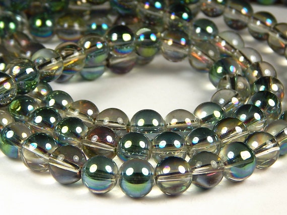 8mm Round AB Colorized Green Crystal Glass Bead Aurora Borealis Beads Jewelry Supplies Craft Supplies 13 Inch Strand Spacer Beads