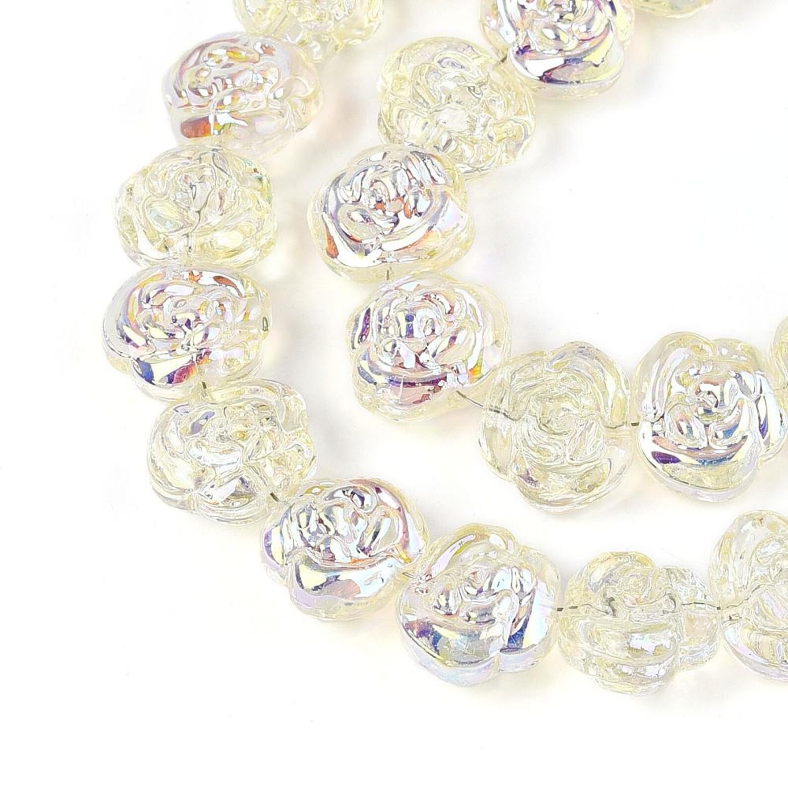 12 Inch Strand - Rainbow Plated Rose Glass Beads - 13x14x10mm Glass ...