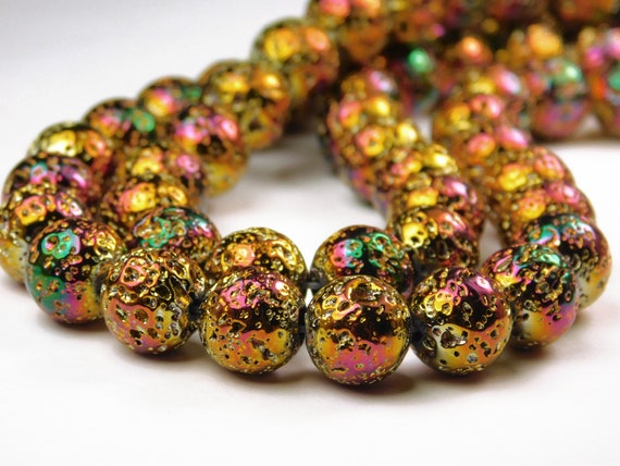 15.5 Inch Strand - 10.5mm Electroplated Lava Rock Beads - Round -  Multicolor - Gemstone Beads - Jewelry Supplies - Craft Supplies