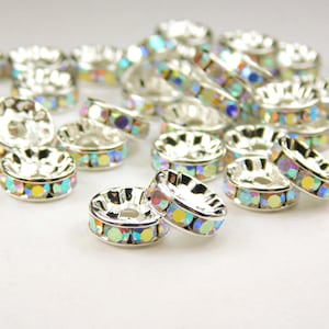 10 Pcs - 10mm Clear AB Crystal Rhinestone Rondelle Beads - Silver - Brass Spacers - Rhinestone Spacers - Straight Edge - Jewelry Supplies
