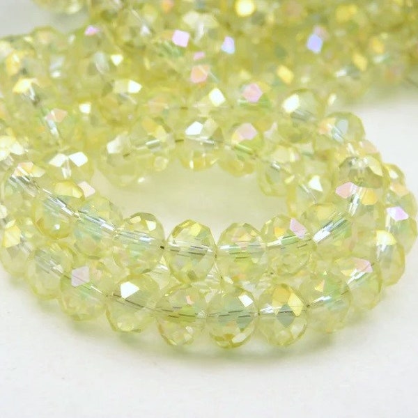 16 In Strand - 8x5mm Electroplated Glass Rondelle Beads - AB Plated Beads - Pale Yellow Glass Beads - Abacus Beads - Jewelry Supplies