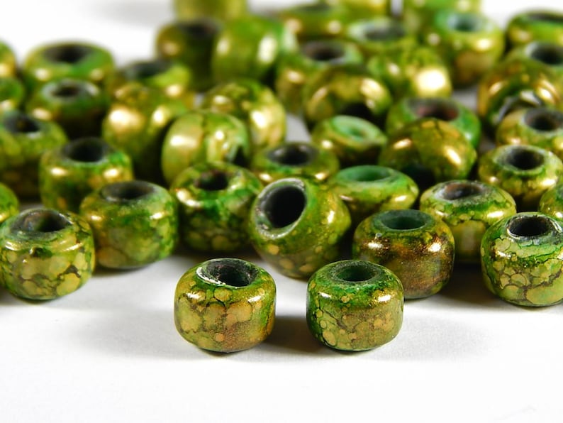 Crow Rollers 50 Pcs Glass Pony Beads 9x8mm Gold and Olive Green Marble Glass India Crow Beads Jewelry Supplies