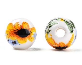 5 Pcs - 10mm Porcelain Beads With Sunflower Pattern - Round - Porcelain Beads - Focal Beads - Sunflower - Jewelry Supplies - Craft Supplies