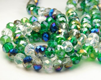 16 Inch Strand - 8x6mm Electroplated Faceted Glass Rondelle Beads - Dark Green - Rondelle Glass Beads - Jewelry Supplies