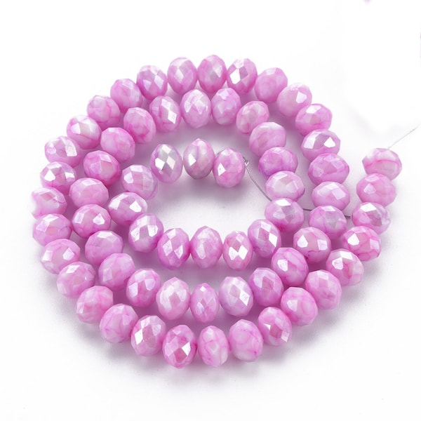 16 In Strand - 8x6mm Baking Painted Pink Orchid Glass Rondelle Beads - Stone Effect - Glass Beads - Abacus - Rondelle - Jewelry Supplies