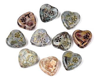 10 Pcs - 16x16x5mm Baking Painted Picasso Glass Heart Beads  -  Mixed Colors - Jewelry Making Supply