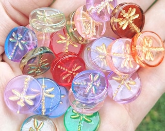 10 Pcs - Baking Painted Transparent Glass Gold Metal Etched Dragonfly Beads - Flat Round - Mixed Colors- 17x5mm - Jewelry Making Supply