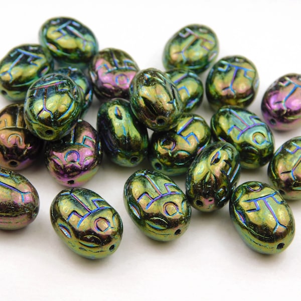 10x Czech Scarab Beads - Green Iris Aurora Borealis Finish - 10x14mm - Czech Beads - Jewelry Supplies