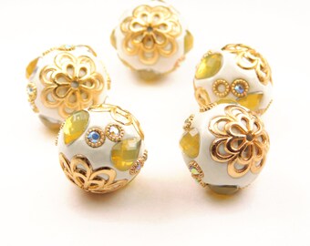 1 Pc Handmade Kashmiri Beads - 19.5x18mm Round Beads - Indonesia Beads - Focal Bead - Light Gold- White - Spacer - Jewelry Supply