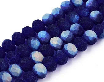15.5 Inch Strand - 8x6mm Transparent Faceted Frosted Half Color Plated Glass Rondelle Beads - Cobalt Blue - Rondelle Beads - Jewelry Supply