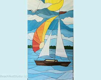 May include: A stained glass painting of a sailboat with a yellow sun and blue sky. The sailboat has a white sail and a brown hull. The sun is in the upper left corner of the painting. The sky is blue with white clouds.