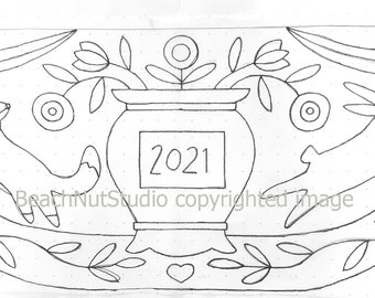 May include: A black and white line drawing of a vase with the year 2021 inside. The vase is surrounded by flowers, leaves, a rabbit, and a fox. The drawing is on a white background.