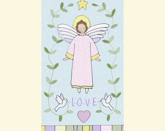 May include: A light blue background with a white star, a pink angel with a halo, and two white doves with olive branches. The text "LOVE" is written in purple below the angel. A pink heart is below the text.