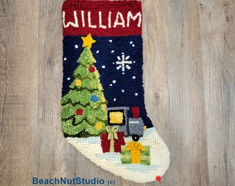 May include: A personalized Christmas stocking with the name "William" embroidered on the cuff. The stocking features a blue background with a green Christmas tree, a yellow star, a snowflake, and a truck carrying presents. The stocking is filled with white snow and red and yellow presents.