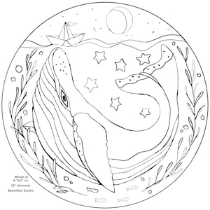 May include: A black and white line drawing of a whale with its tail in the air, surrounded by stars, seaweed, and a small sailboat. The text "Whale of A Tail" (c) 23" diameter BeachNut Studio is at the bottom of the image.