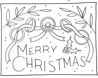 May include: A black and white illustration of a Christmas card with the words "Merry Christmas" and a wreath of holly.
