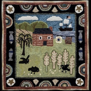 May include: A needlepoint rug with a country scene. The rug features a red house, a blue river, a sailboat, and a row of trees. There are also two black birds on the rug.