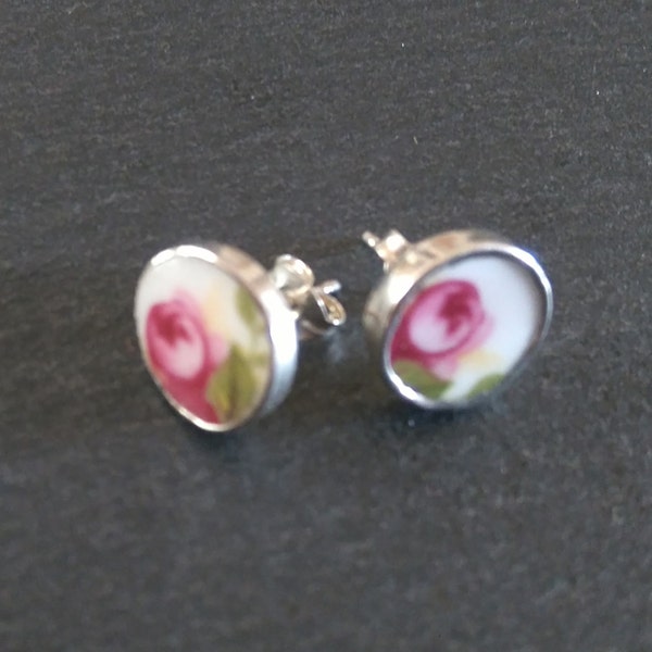 Broken China Jewellery, Broken China Jewelry - China Earrings, Sterling Silver Earrings, Rose Earrings, Pink Earrings,