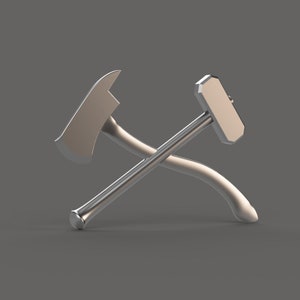 May include: A silver axe and hammer crossed over each other. The axe has a curved handle and the hammer has a rectangular head.