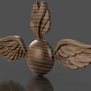 May include: A wooden winged grenade with a brown wood grain finish.
