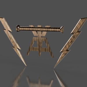 May include: A wooden logo with the letters "EA" in a stylized font, with a wooden rod extending horizontally from the top of the letters. Two wooden lightning bolts are positioned on either side of the logo.