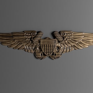 May include: A wooden carved Navy aviator wings insignia with a shield featuring the American flag and two anchors.