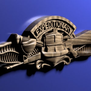 May include: A wooden carving of the Navy Expeditionary insignia. The insignia features a ship's wheel, a rifle, and a stylized wave.