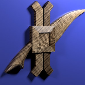 Könnte beinhalten: Eine Wandskulptur aus Holz mit geometrischem Design. Die Skulptur besteht aus zwei vertikalen Holzstücken, die durch ein horizontales Holzstück verbunden sind. Das horizontale Holzstück ist in Form einer gebogenen Klinge geformt.