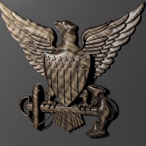 May include: A wooden carving of an eagle with outstretched wings holding a shield with stars and stripes. The eagle is perched on top of an anchor with rope wrapped around it.