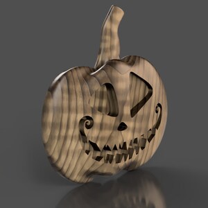 May include: A wooden pumpkin with a carved jack-o'-lantern face. The pumpkin is brown with a wood grain pattern.