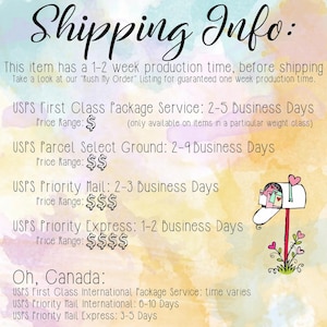 May include: A graphic with a watercolor background and a mailbox with hearts. The text reads "Shipping Info:" and lists different shipping options with estimated delivery times and price ranges. The options include USPS First Class Package Service, USPS Parcel Select Ground, USPS Priority Mail, USPS Priority Express, and shipping to Canada.