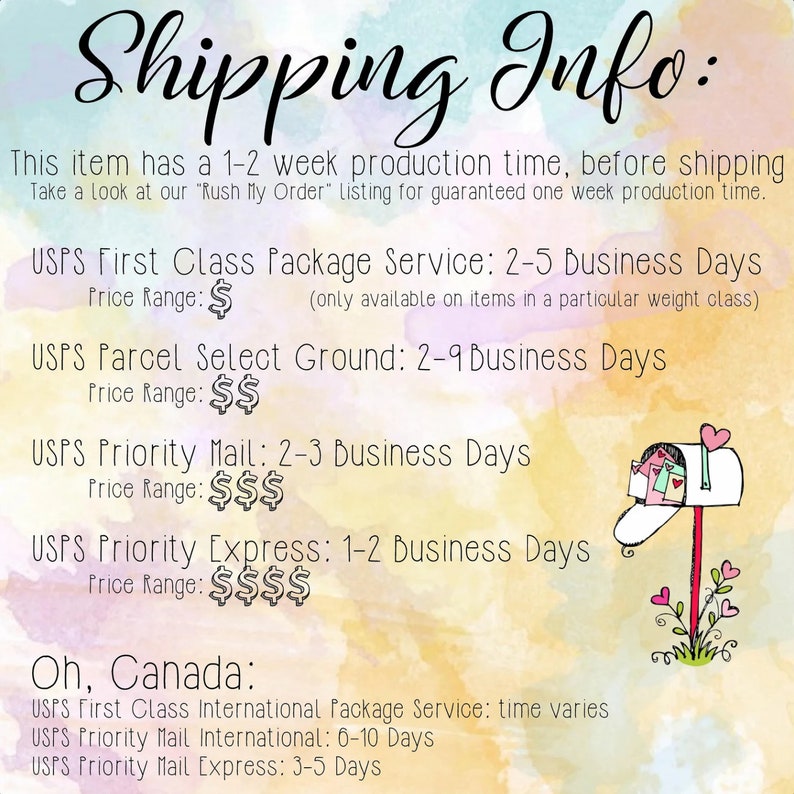 May include: A graphic with a watercolor background and a mailbox with hearts. The text reads "Shipping Info:" and lists different shipping options with estimated delivery times and price ranges. The options include USPS First Class Package Service, USPS Parcel Select Ground, USPS Priority Mail, USPS Priority Express, and shipping to Canada.