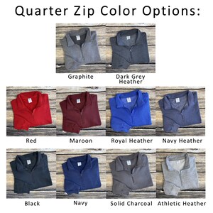 May include: A selection of quarter zip sweatshirts in various colors, including graphite, dark grey heather, red, maroon, royal heather, navy heather, black, navy, solid charcoal, and athletic heather.