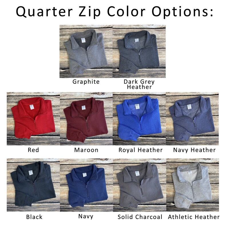 May include: A selection of quarter zip sweatshirts in various colors, including graphite, dark grey heather, red, maroon, royal heather, navy heather, black, navy, solid charcoal, and athletic heather.