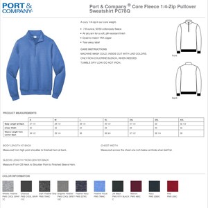 May include: A blue 1/4-zip pullover sweatshirt with a zippered neck and a ribbed collar. The sweatshirt is made of a soft, pill-resistant fleece fabric. The product measurements are listed in inches. The color information includes the color name, PMS color code, and the color code.