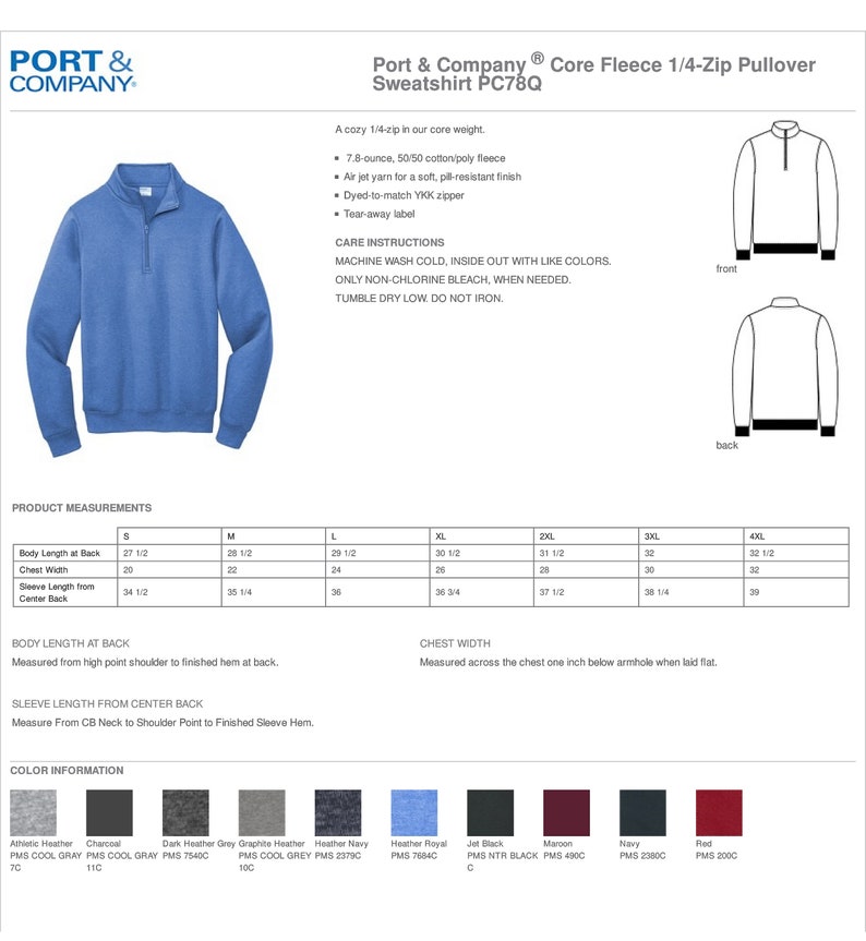 May include: A blue 1/4-zip pullover sweatshirt with a zippered neck and a ribbed collar. The sweatshirt is made of a soft, pill-resistant fleece fabric. The product measurements are listed in inches. The color information includes the color name, PMS color code, and the color code.