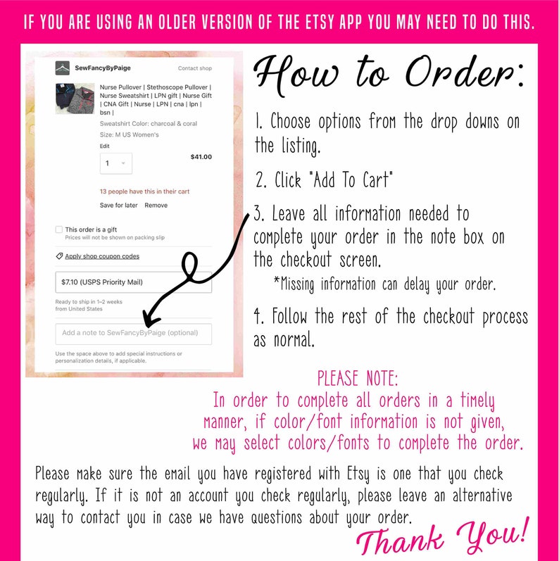 May include: A pink and white Etsy listing graphic with instructions on how to order. The listing includes a nurse pullover, sweatshirt, and gift options. Text includes "How to Order" and "Please Note" with details about order completion.