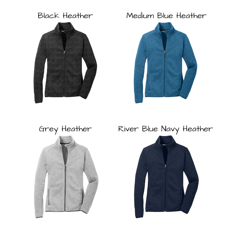 May include: Four different color fleece jackets with zipper closures. The jackets are in black heather, medium blue heather, grey heather, and river blue navy heather.