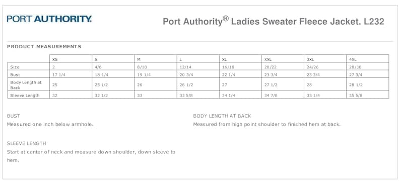May include: A size chart for a sweater fleece jacket with measurements in inches for bust, body length at back, and sleeve length. The chart includes sizes XS, S, M, L, XL, XXL, 3XL, and 4XL.