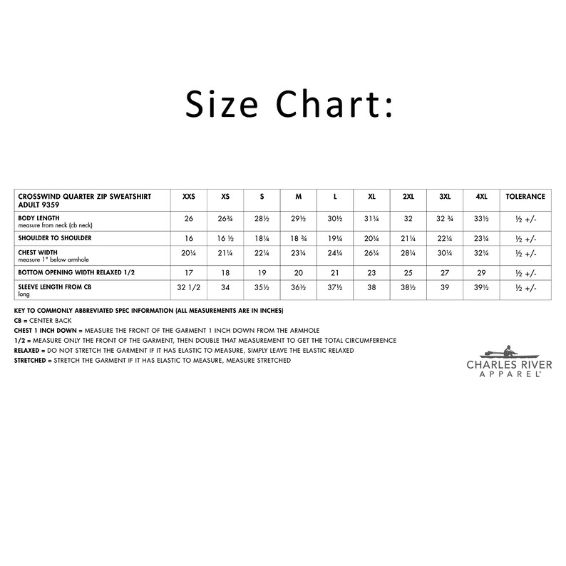 May include: Size chart for a Crosswind Quarter Zip Sweatshirt, adult size 9359. The chart shows measurements in inches for body length, shoulder to shoulder, chest width, bottom opening width, sleeve length from center back, and tolerance. Sizes range from XXS to 4XL.