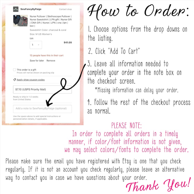 May include: How to order a custom nurse sweatshirt. Choose from a variety of colors and sizes. Add to cart and leave all necessary information in the note box at checkout.  Please note: In order to complete all orders in a timely manner, if color/font information is not given, we may select colors/fonts to complete the order. Please make sure the email you have registered with Etsy is one that you check regularly. If it is not an account you check regularly, please leave an alternative way to contact you in case we have questions about your order. Thank You!