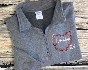 Ohio Nurse Pullover | OH RN Pullover | Personalized Nurse Sweatshirt | RN Zip Sweatshirt | Nurse Quarter Zip | Gift for Nurse | Ohio State