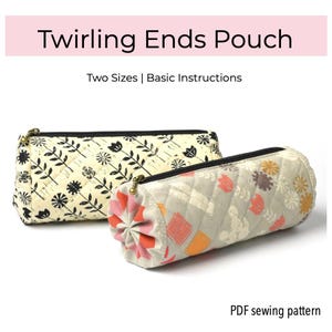 Könnte beinhalten: Zwei Schnittmuster für eine Tasche mit drehenden Enden. Die Tasche ist aus Stoff mit Blumendruck und in zwei Größen erhältlich. Das Schnittmuster ist ein PDF-Download.
