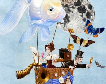 Bird watching limited edition steampunk art print