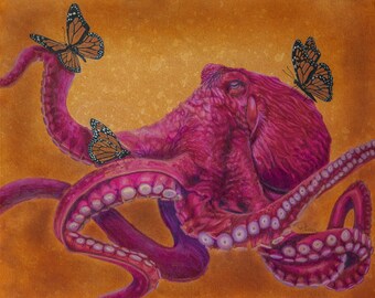 Octopus and Monarchs butterflies pink Limited Edition Nature art print