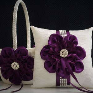 Plum Ring Bearer Pillow / Plum Wedding Basket / Plum Flower Girl Basket / Ivory Plum Bearer / Plum Wedding Pillow Basket Set / Plum Bearer