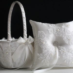 Flower Girl Basket, White Ring Bearer Pillow, White Ring Holder, White Lace Basket, White Lace Ring Pillow, Basket Pillow Set Wedding Pillow