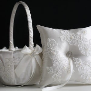 Witte bloemenmand, bloemenmeisje Mand, Witte Bruiloft Kussen, Wedding Ring Kussen, Ring Drager Kussen, Kant Wedding Basket Lace Ring Pillow